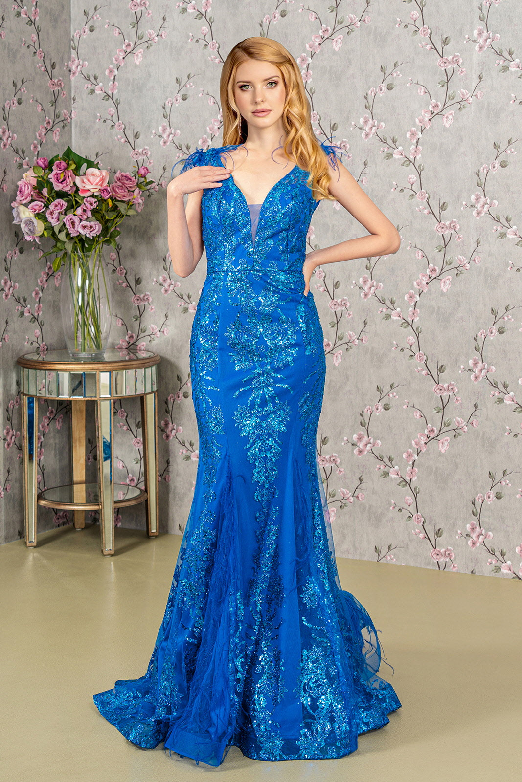 Feather Embellished Sleeveless Glitter Mesh Prom Dress w/ Sheer Back GL1983 GLS by Gloria SILVER/NUDE / 2XL Feather Embellished Sleeveless Glitter Mesh Prom Dress w/ Sheer Back GL1983 GLS by Gloria SILVER/NUDE / 2XL