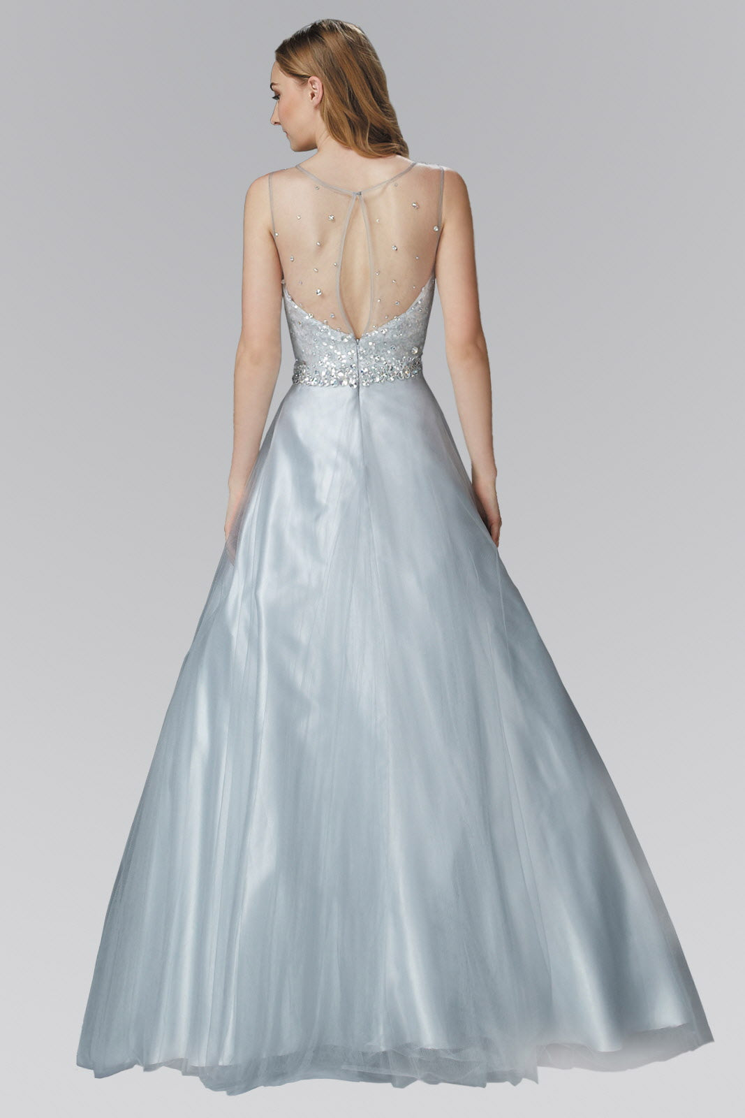 A-Line Long Dress with Sequin Embellished Sheer Bodice and back GL2111 by Elizabeth K SILVER / XS
