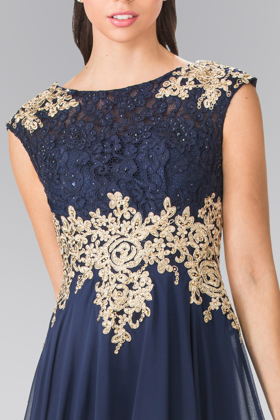 Embroidered Lace Top with Chiffon Skirt Long Dress with Sheer Back GL2228 Elizabeth K NAVY / XS Embroidered Lace Top with Chiffon Skirt Long Dress with Sheer Back GL2228 Elizabeth K NAVY / XS