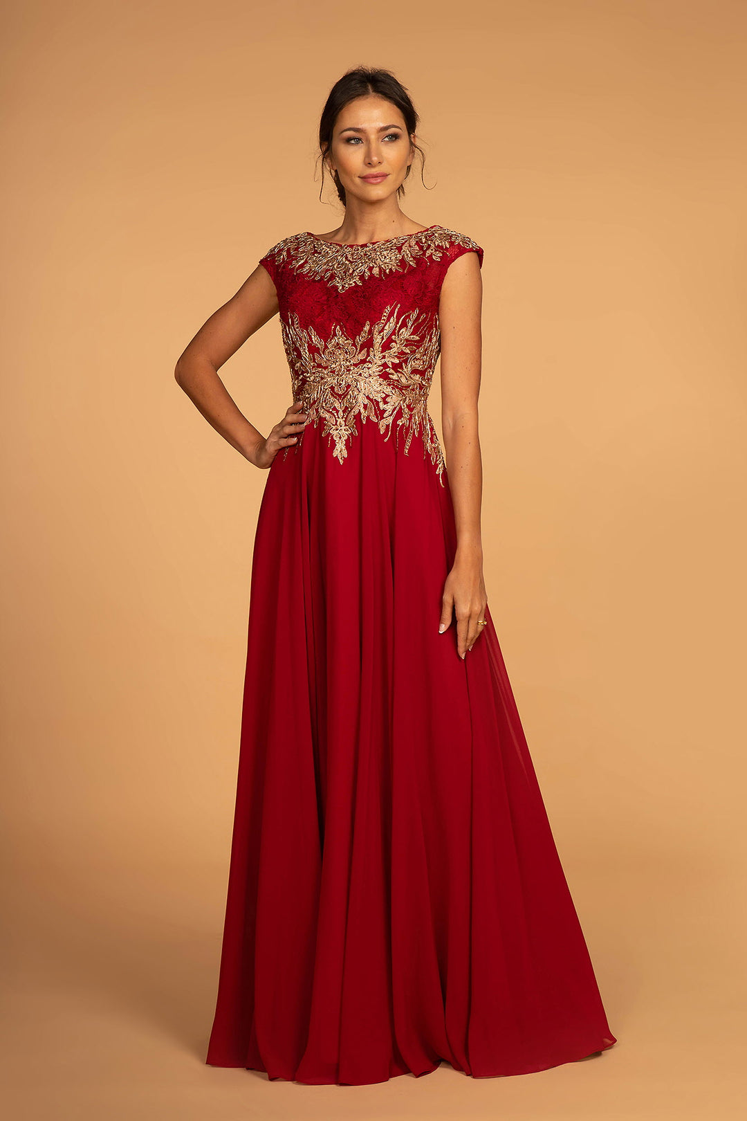 Embroidered Lace Bodice Chiffon Long Dress with Cap Sleeve GL2519 Eliz Abigail's Boutique & Alterations Corp Embroidered Lace Bodice Chiffon Long Dress with Cap Sleeve GL2519 Eliz Abigail's Boutique & Alterations Corp