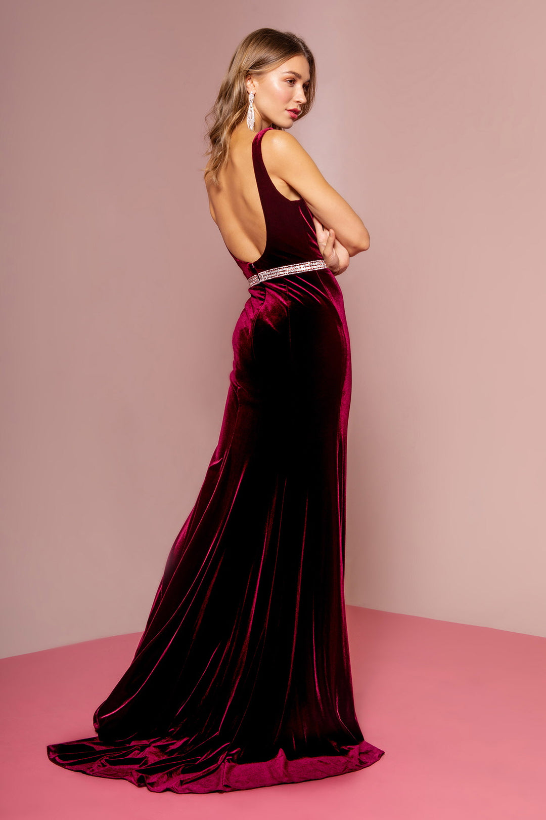 Jewel Accented Waist Line V-Neck Velvet Dress w/ U-Back GL2559 Elizabe – Abigail's Boutique & Alterations Corp