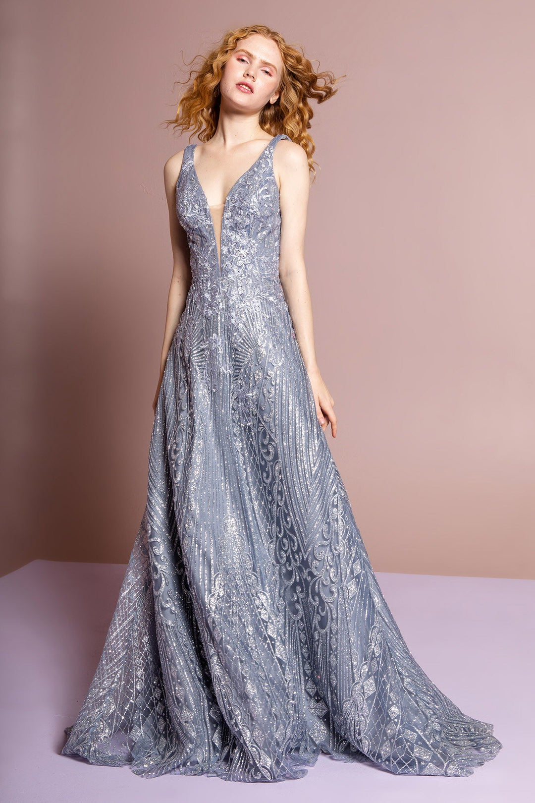 V-Neck Glitter Mesh A-Line Dress GL2698 GLS by Gloria Silver / 5XL V-Neck Glitter Mesh A-Line Dress GL2698 GLS by Gloria Silver / 5XL