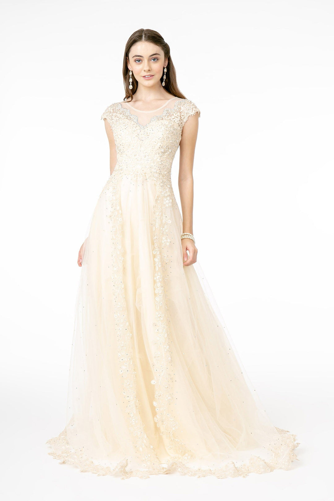 Embroidered Mesh A-Line Long Dress w/ Sheer Back GL2882 GLS by Gloria Champagne / 5XL Embroidered Mesh A-Line Long Dress w/ Sheer Back GL2882 GLS by Gloria Champagne / 5XL