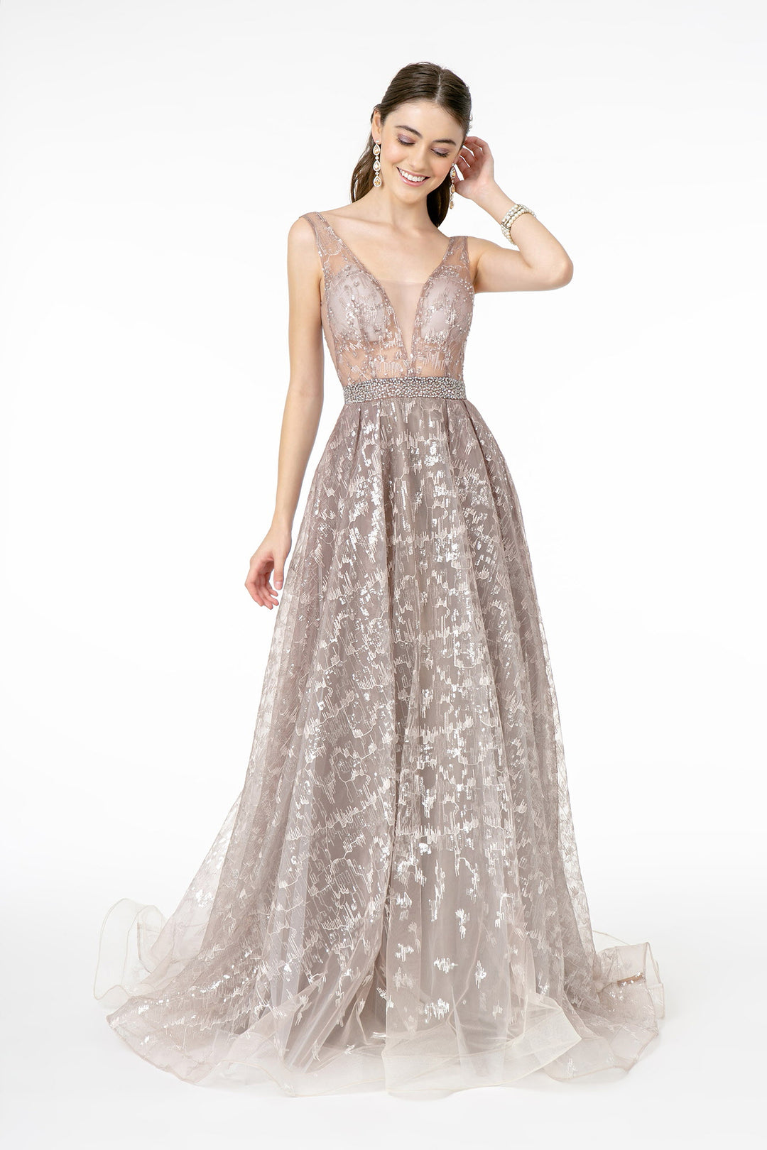 illusion v-neck lace and mesh dress GLS By Gloria GL3003 Jewel Embellished Mermaid Slit Dress w/ Detachable Mesh, 2XL / Silver/Nude