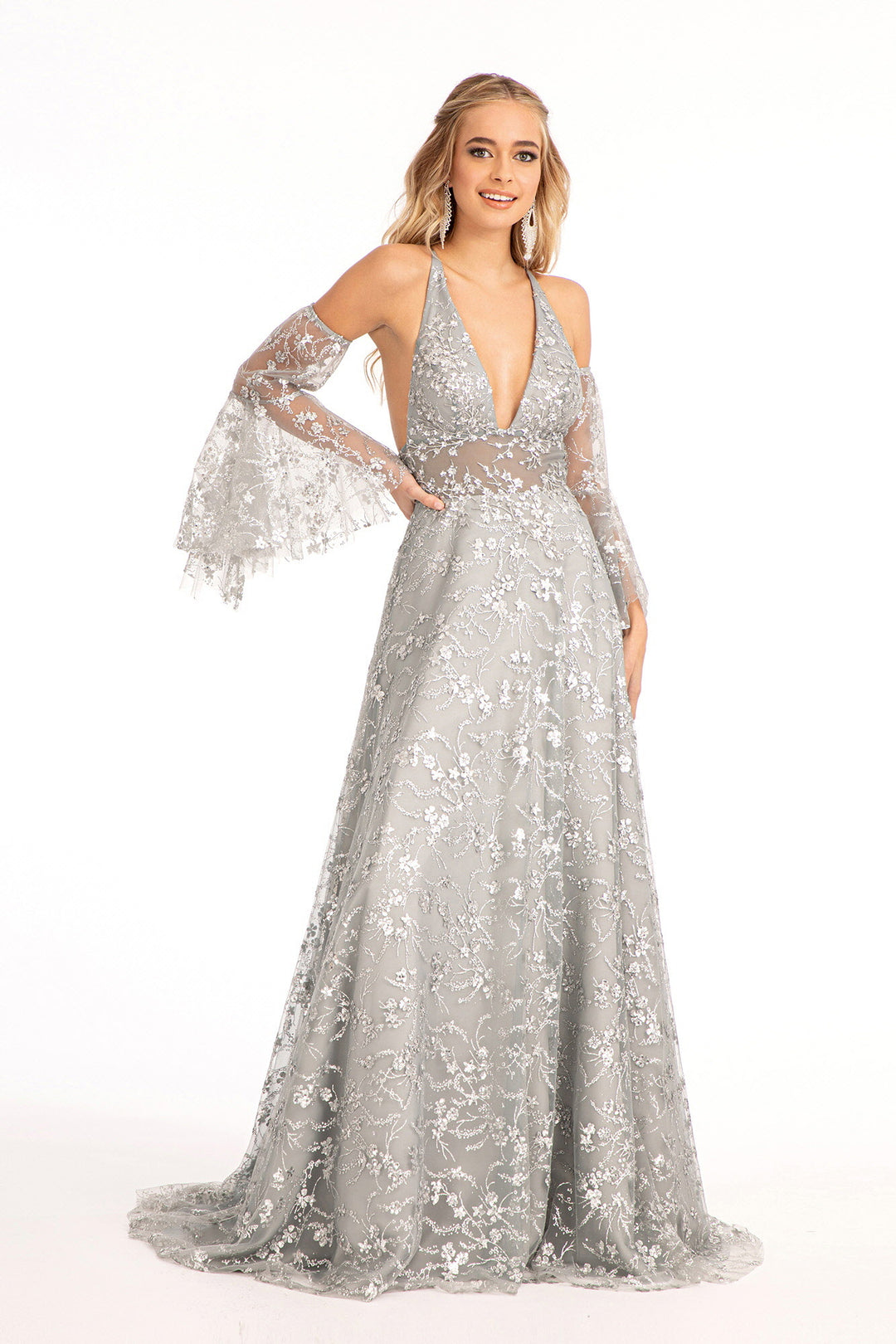 Sheer Waistline V-Neck Glitter Mesh Prom Dress w/ Detachable Mesh Sleeve GL3002 GLS by Gloria Rose Gold / 5XL Sheer Waistline V-Neck Glitter Mesh Prom Dress w/ Detachable Mesh Sleeve GL3002 GLS by Gloria Rose Gold / 5XL