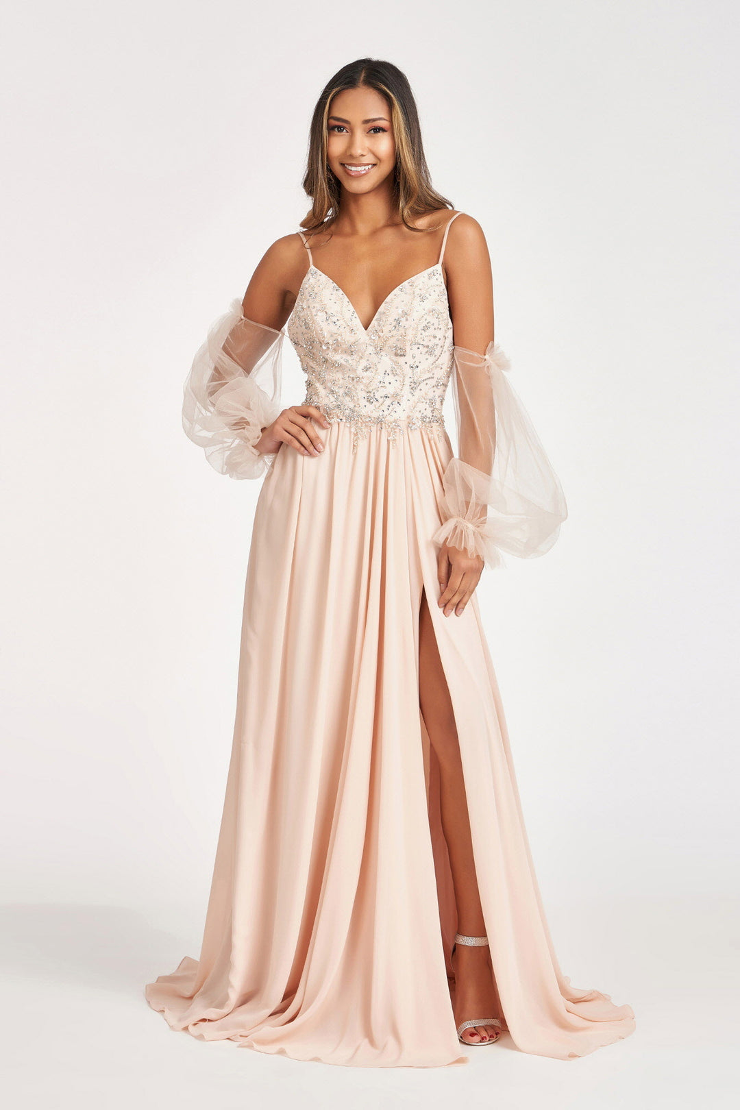 Detachable Mesh Sleeve V-Neck Chiffon Prom Dress GL3005 GLS by Gloria CHAMPAGNE / M Detachable Mesh Sleeve V-Neck Chiffon Prom Dress GL3005 GLS by Gloria CHAMPAGNE / M