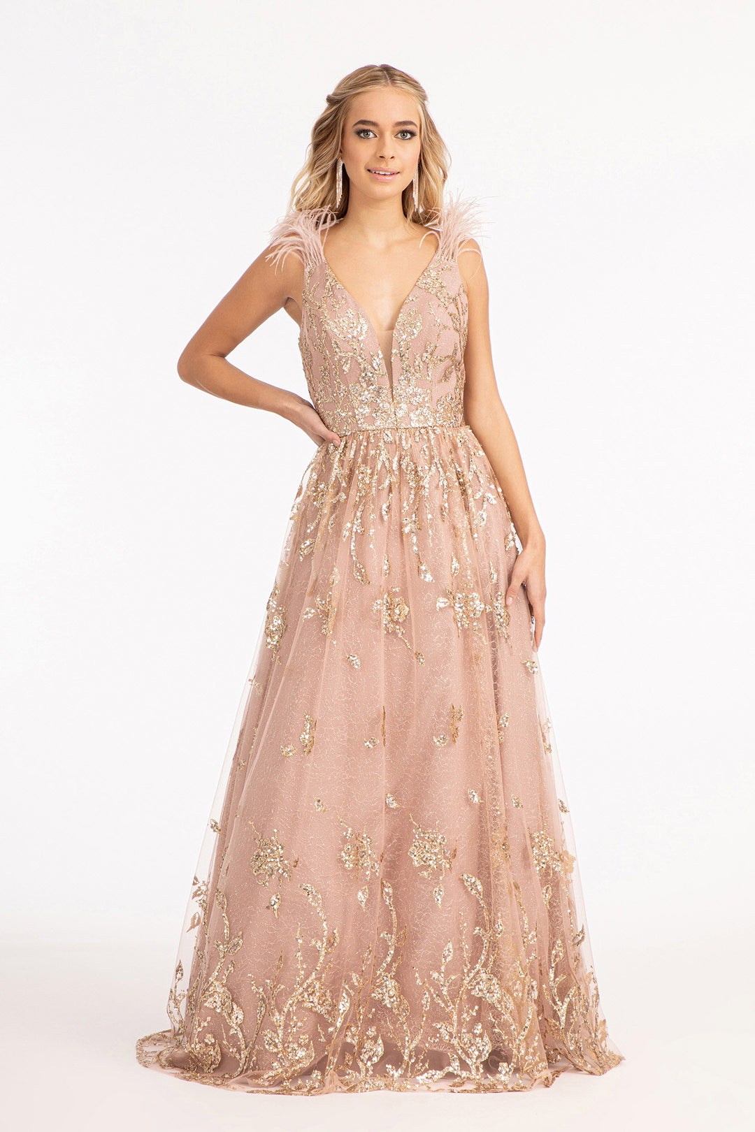 Feather-Shoulder Embellished Glitter A-line Dress w/ Sheer Open V-back Abigail's Boutique & Alterations Corp Feather-Shoulder Embellished Glitter A-line Dress w/ Sheer Open V-back Abigail's Boutique & Alterations Corp