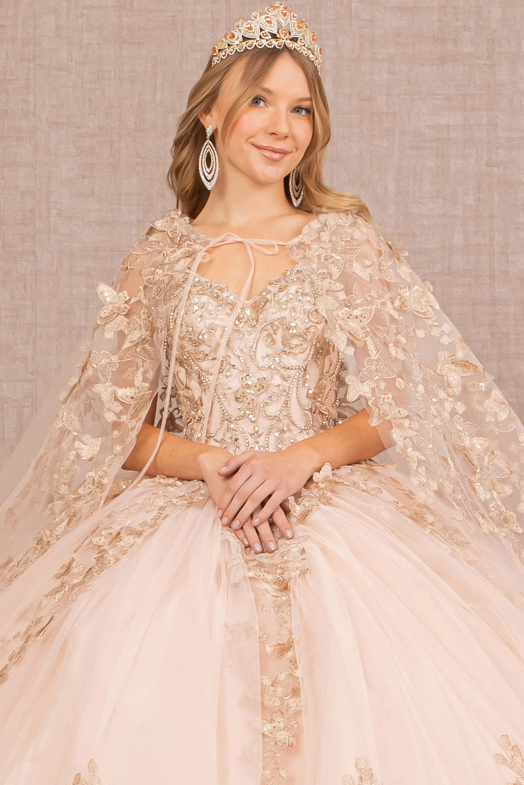 rose gold quinceanera dress with cape Rose Gold Quinceanera Dress - 3D Flowers Sequined Ball Gown with Beaded Corset, Cape & Tassel Appliques