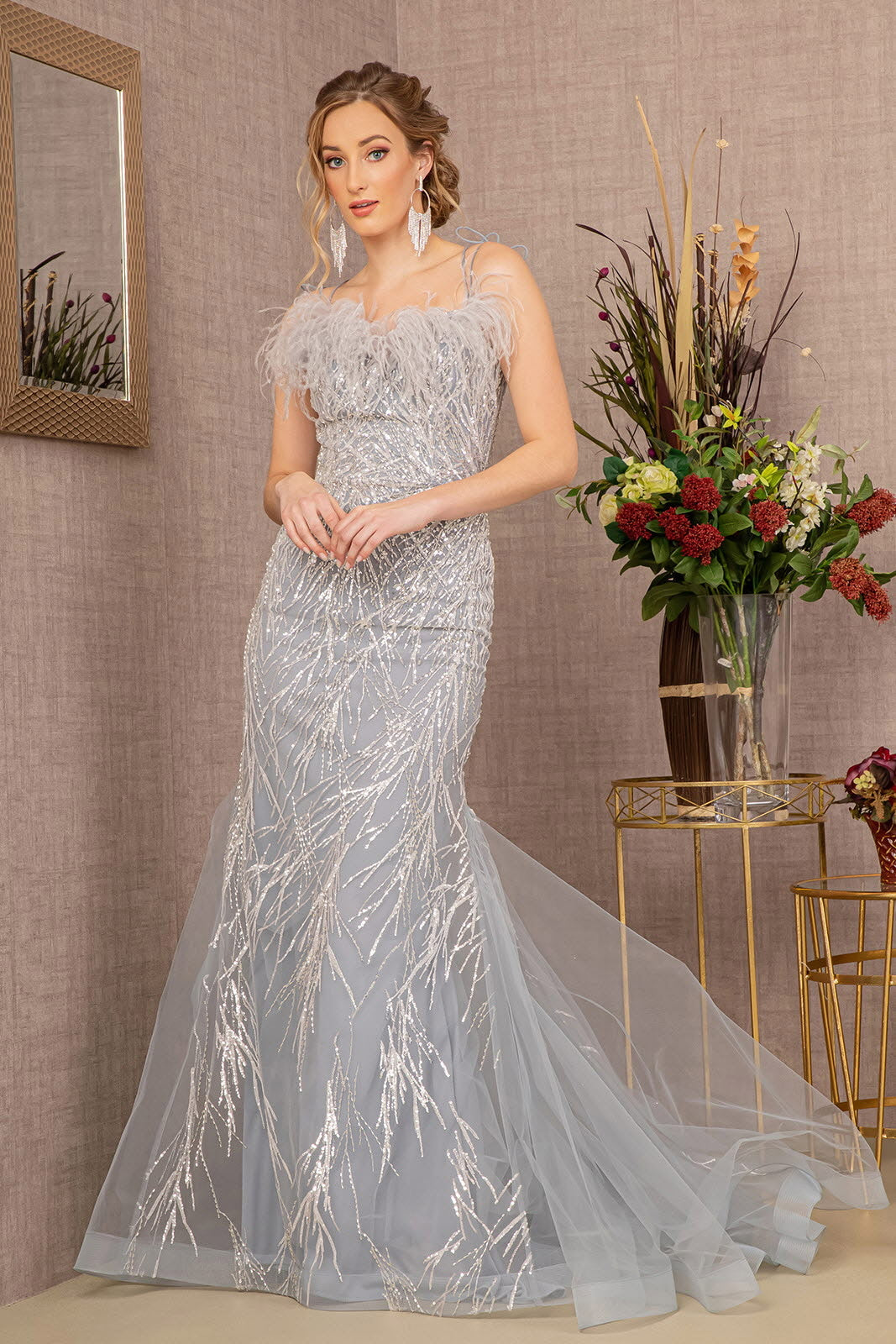 silver trumpet dress 242M3356 Mikado Off-Shoulder Long Trumpet Dress