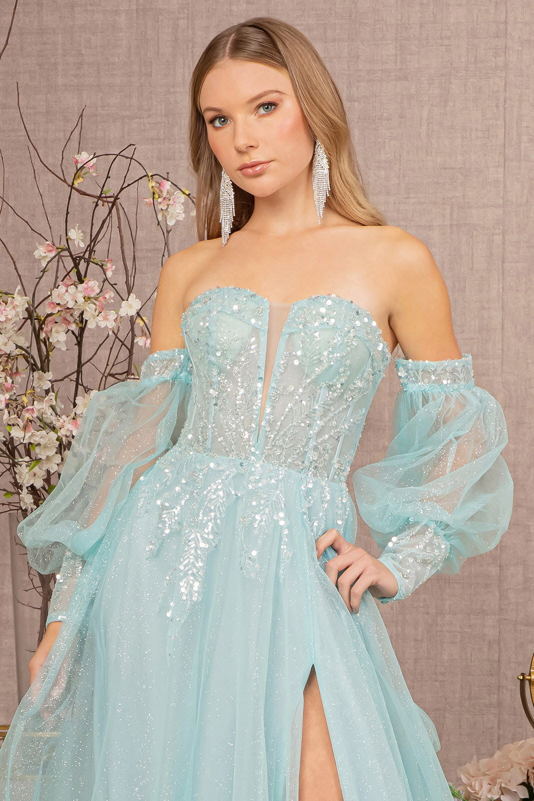 shimmer sheer dress Long A-Line Shimmer Prom Gown with Sheer Sequin Bodice Emerald / 4