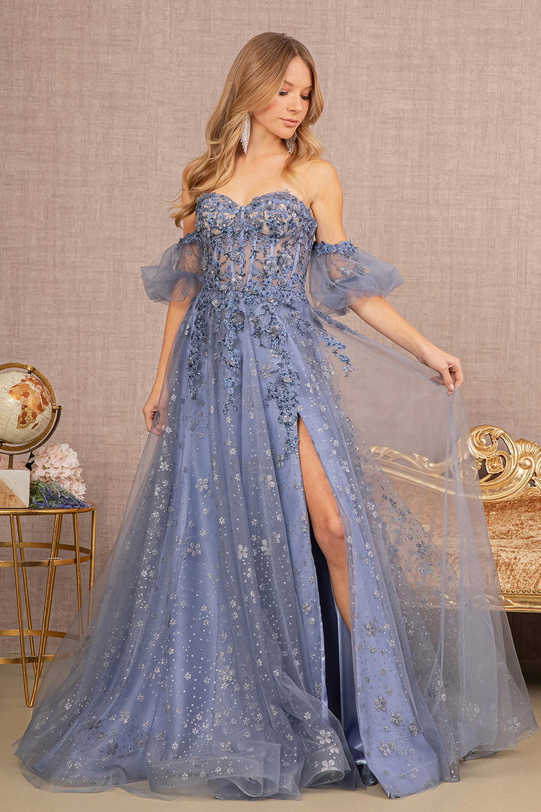 Strapless Sheer Bodice Mesh A-Line Dress w/ Detachable Short Mesh Sleeves GL3126 GLS by Gloria SMOKY BLUE / M Strapless Sheer Bodice Mesh A-Line Dress w/ Detachable Short Mesh Sleeves GL3126 GLS by Gloria SMOKY BLUE / M