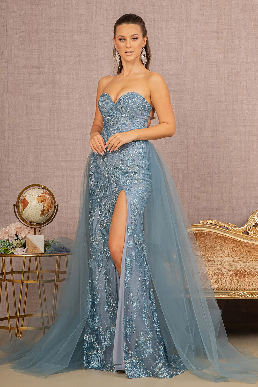 Glitter Print Strapless Overskirt Gown by GLS Gloria GL3156 - Smoky Blue / L Glitter Print Strapless Overskirt Gown by GLS Gloria GL3156 - Smoky Blue / L