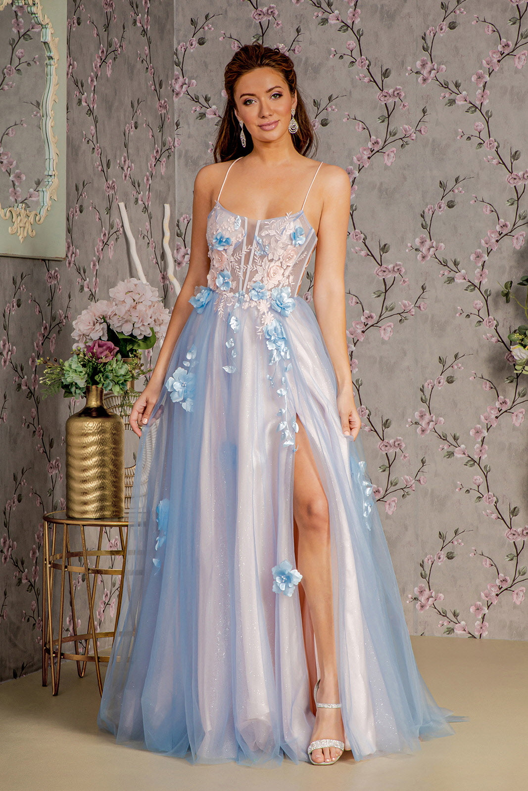 3-D Flower Sheer Bodice Cut-out Back Mesh A-line Long Dress GL3250 GLS by Gloria BLUE/PEACH / M