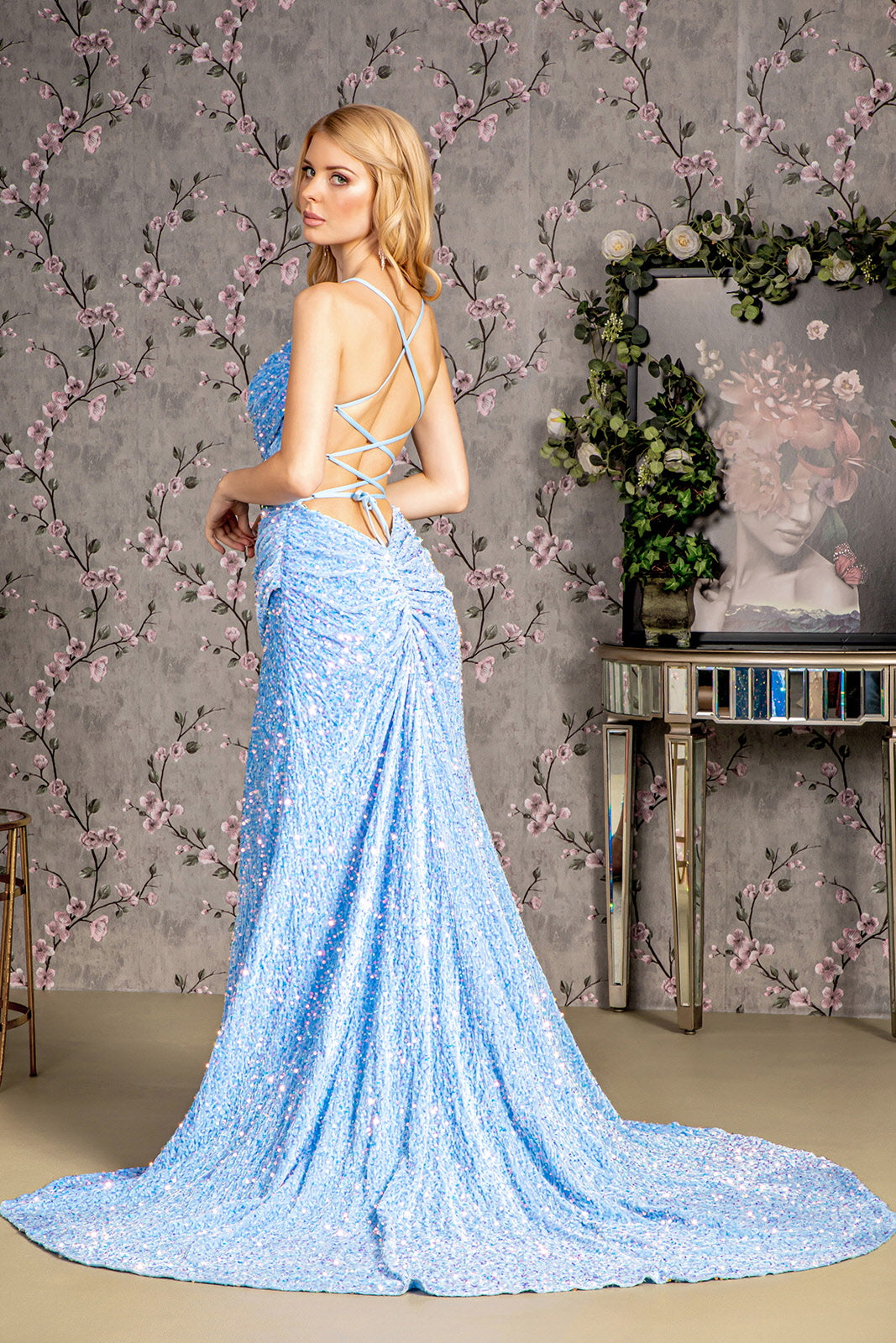 Sequin Ruched Side Cut-out Back Velvet Mermaid Long Dress GL3322 GLS by Gloria HOT PINK / 2XL