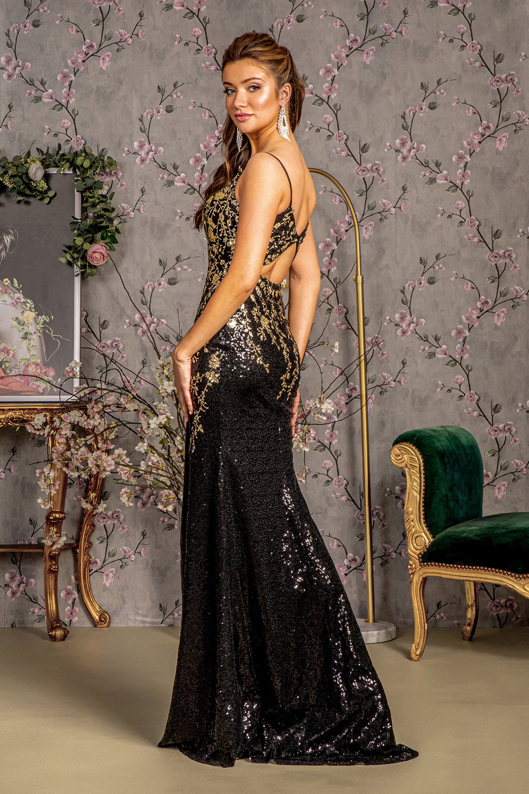 Fitted Sequin Print Sleeveless Slit Gown by GLS Gloria GL3370 M / Black Fitted Sequin Print Sleeveless Slit Gown by GLS Gloria GL3370 M / Black