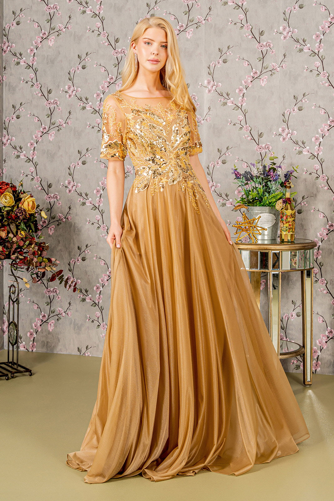 Metallic Applique Short Sleeve A-Line Gown by GLS Gloria GL3444-New Collection - Gold / 3XL Metallic Applique Short Sleeve A-Line Gown by GLS Gloria GL3444-New Collection - Gold / 3XL