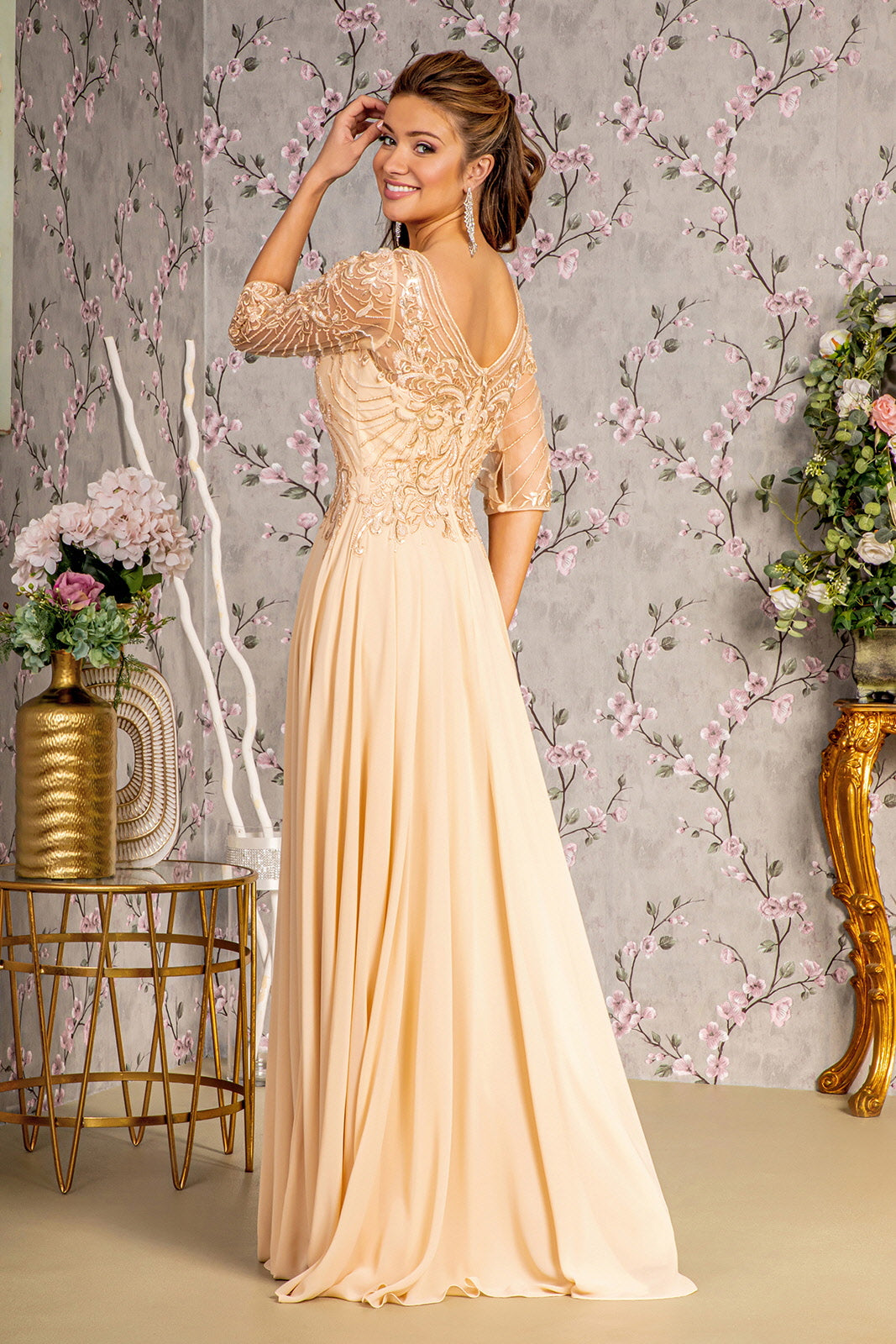 Sequin Embroidered 3/4 Sleeve Gown by GLS Gloria GL3446 - Champagne / M Sequin Embroidered 3/4 Sleeve Gown by GLS Gloria GL3446 - Champagne / M