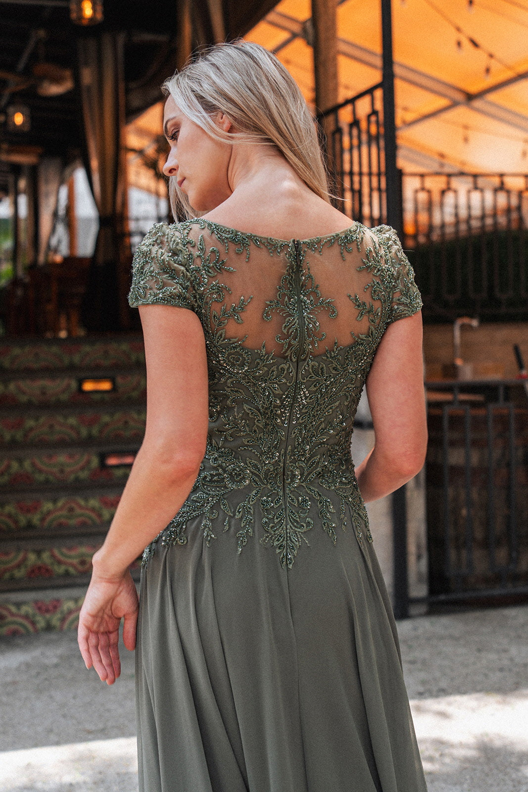 Embroidery Bead Sheer Bodice A-line Chiffon Long Dress GL3491 GLS by Gloria OLIVE / 3XL