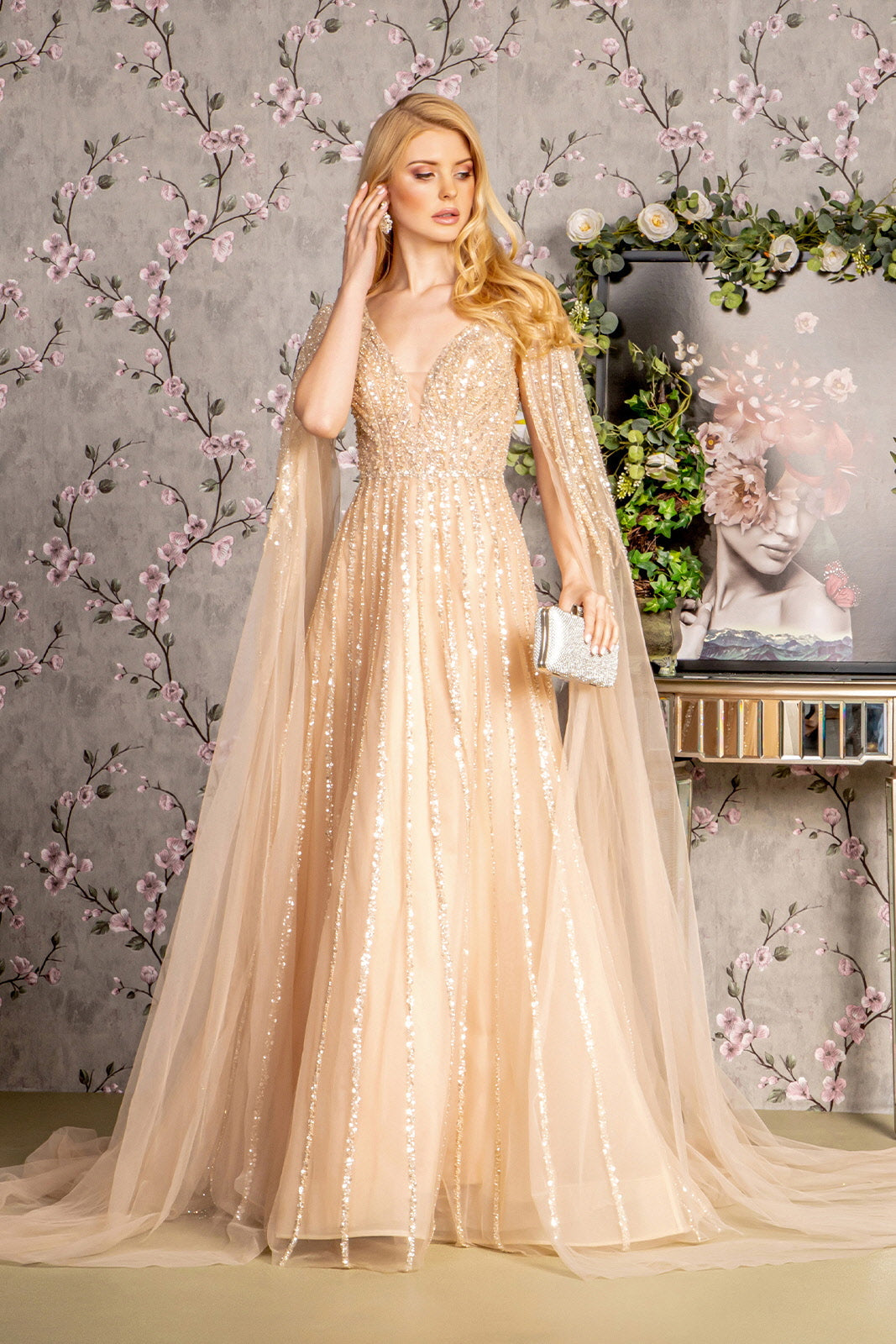 Bead Sequin Mesh A-line Long Dress w/ Side Cape Long Sleeves GL3494 GLS by Gloria CHAMPAGNE / 5XL Bead Sequin Mesh A-line Long Dress w/ Side Cape Long Sleeves GL3494 GLS by Gloria CHAMPAGNE / 5XL