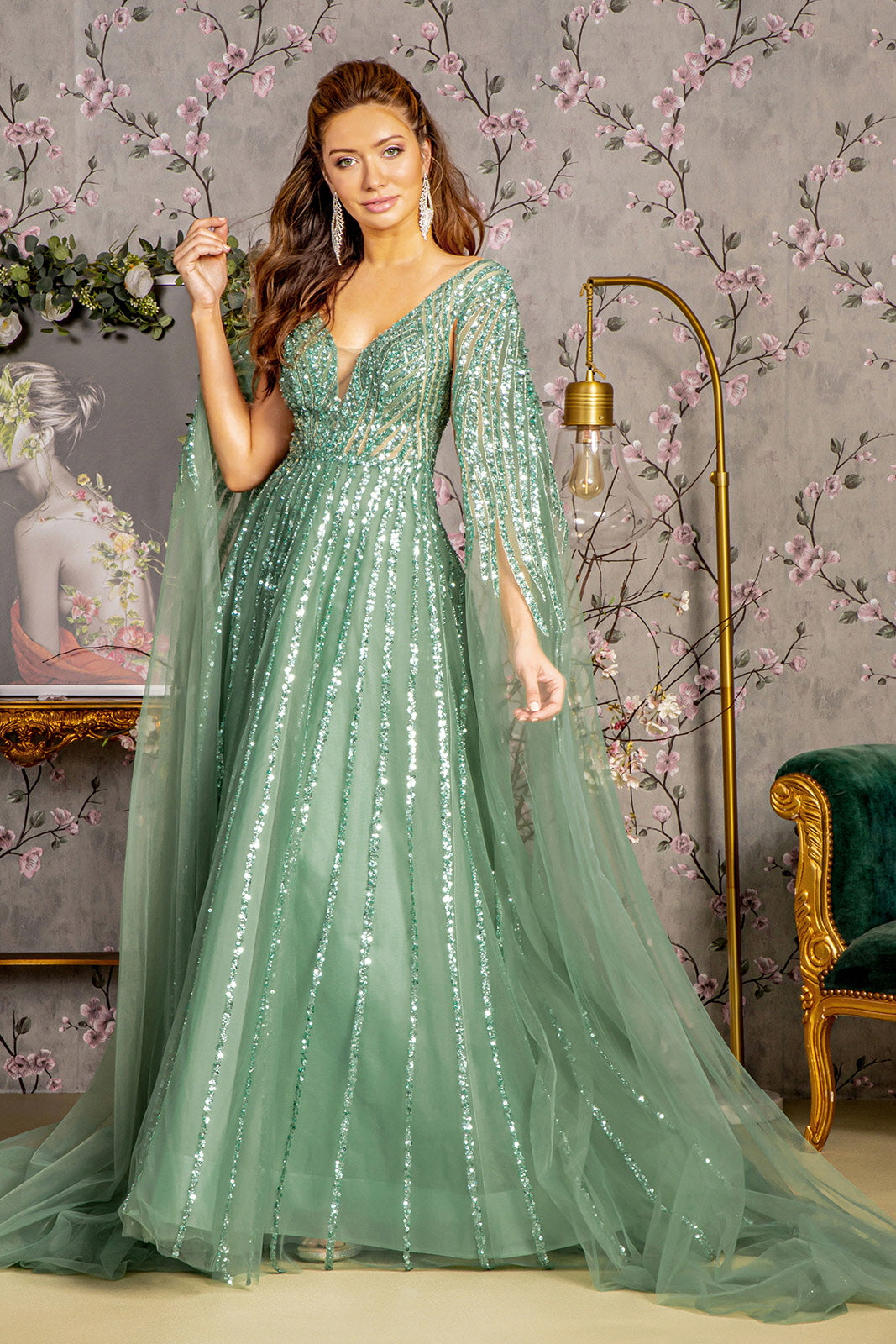 Bead Sequin Mesh A-line Long Dress w/ Side Cape Long Sleeves GL3494 GLS by Gloria SAGE / 5XL Bead Sequin Mesh A-line Long Dress w/ Side Cape Long Sleeves GL3494 GLS by Gloria SAGE / 5XL