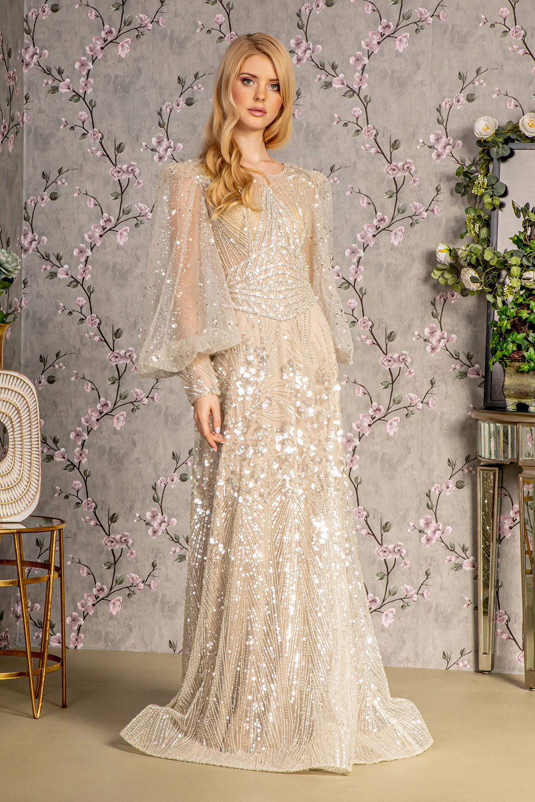 sheer puff long sleeve dress Bead Sheer Bodice Mesh A-line Long Dress Sheer Puff Sleeves GLGL3497