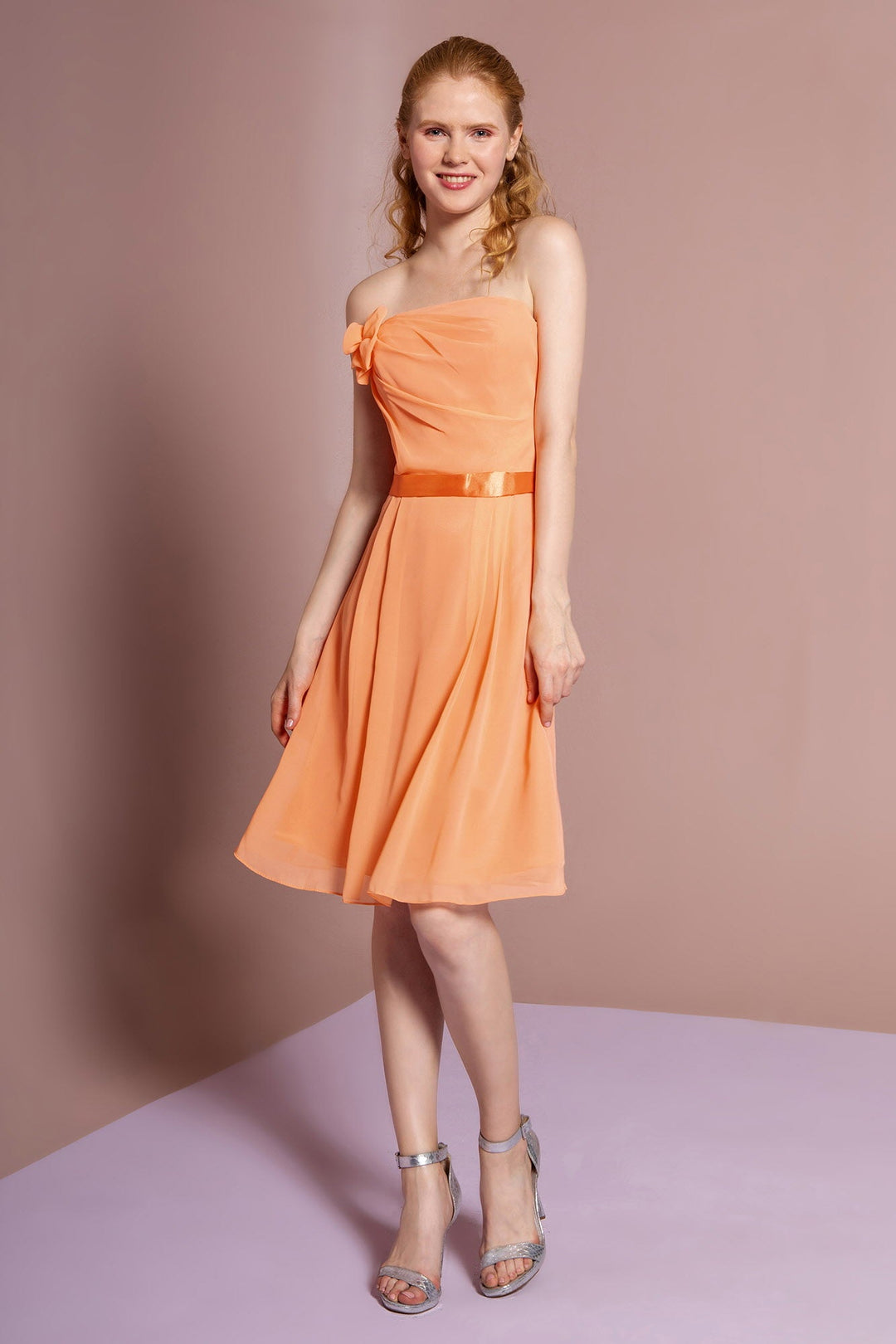 Strapless Chiffon Short Dress with Floral Accent and Satin Waistband G Abigail's Boutique & Alterations Corp Strapless Chiffon Short Dress with Floral Accent and Satin Waistband G Abigail's Boutique & Alterations Corp