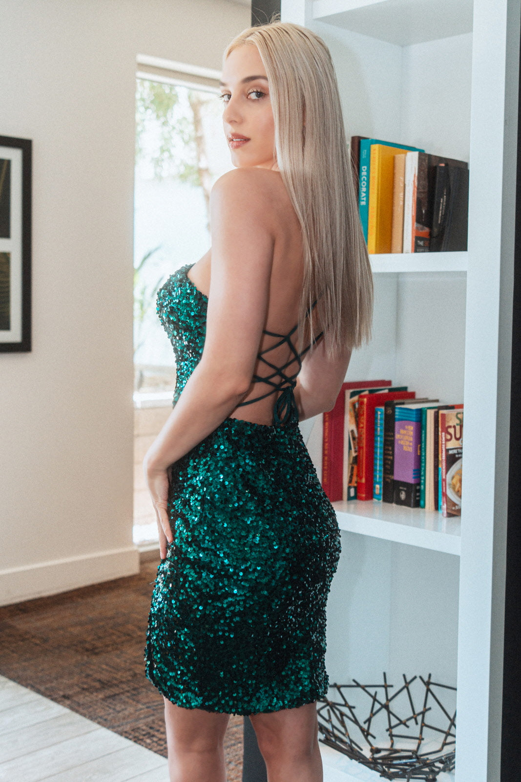 Asymmetric Sequin Short Bodycon Dress with Lace-Up Back GS3093 Elizabeth K Royal Blue / S Asymmetric Sequin Short Bodycon Dress with Lace-Up Back GS3093 Elizabeth K Royal Blue / S
