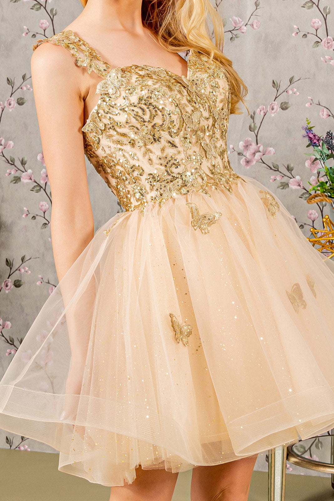 Butterfly Applique Sequin Mesh Babydoll Dress w/ Sheer Straps GS3186 Elizabeth K BLUSH / L