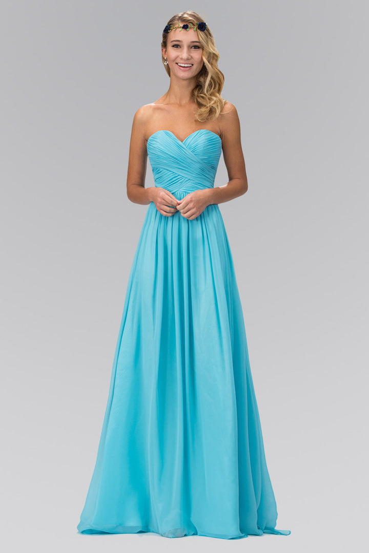 Strapless Chiffon Floor Length Dress with Pleated Criss Cross Bodice GL2076  Elizabeth K